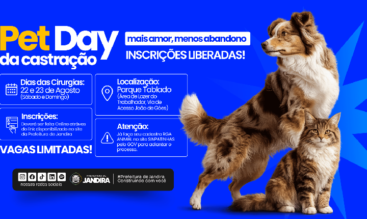 Prefeitura de Jandira abre inscrições para o Pet Day da Castração