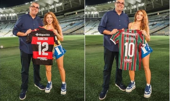Shakira vai ao Maracanã antes de show no Rio e posa com as camisas de Flamengo e Fluminense; fotos