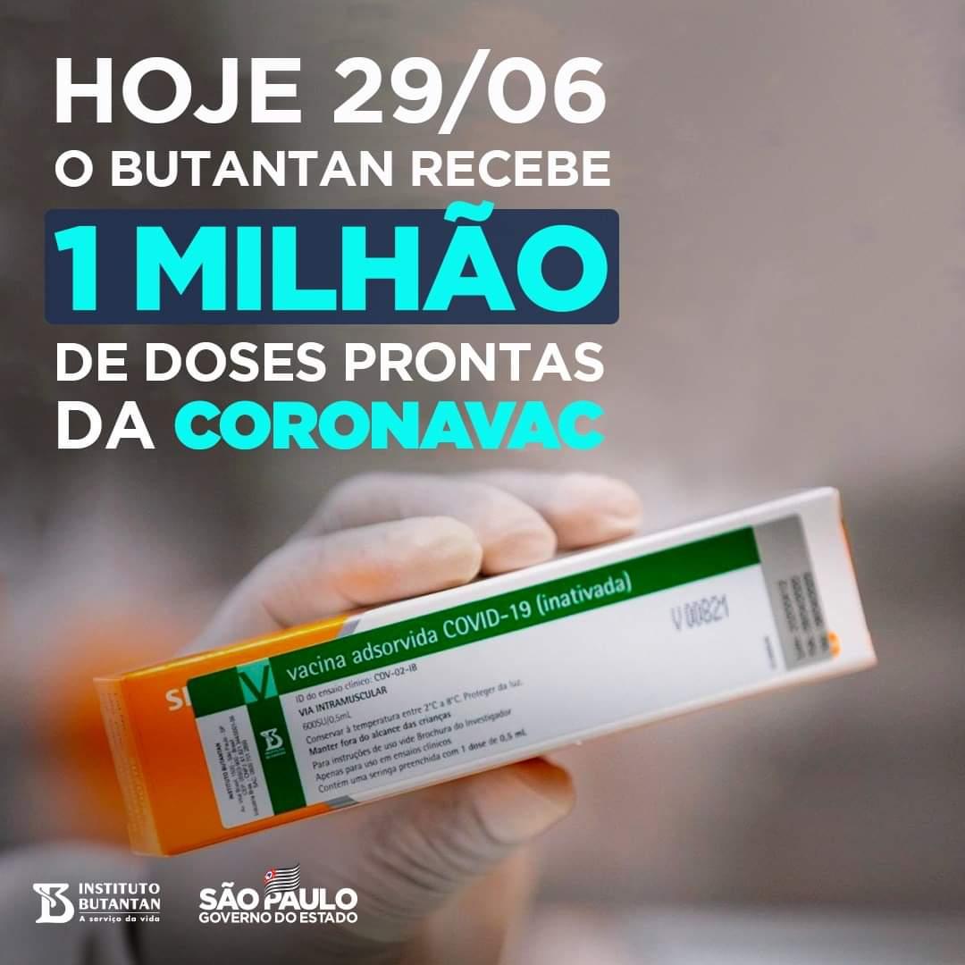 Butantan recebe 1 milhão de doses prontas da Coronavac