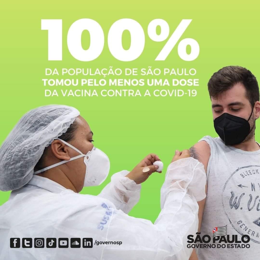 SP atingiu a marca de 100% dos adultos (18+) vacinados