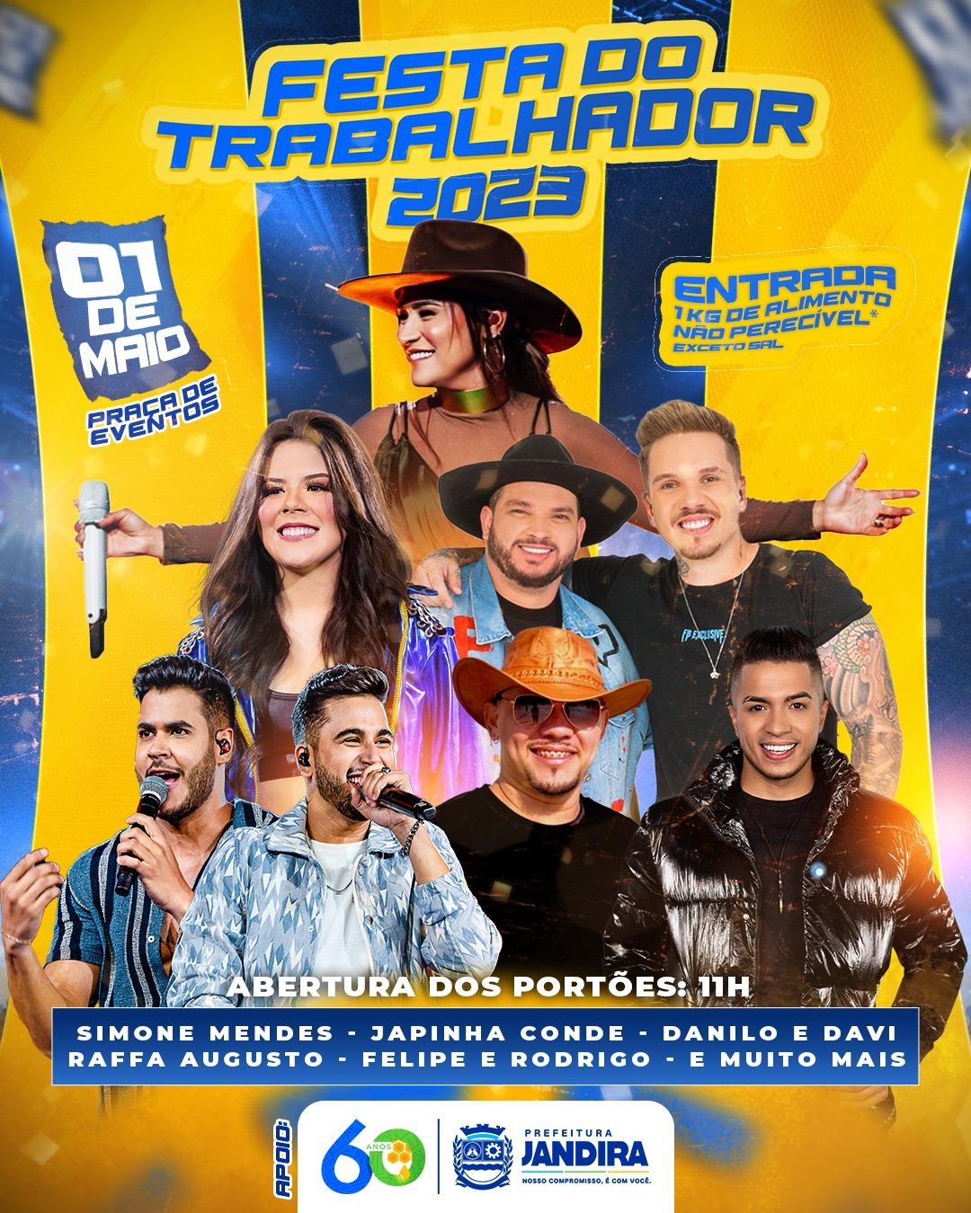 Festa do Trabalhador 2023 de Jandira terá shows de Simone Mendes, Japinha Conde, Raffa Augusto e muito mais