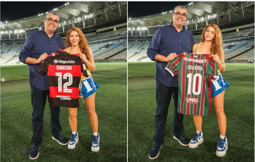 Shakira vai ao Maracanã antes de show no Rio e posa com as camisas de Flamengo e Fluminense; fotos