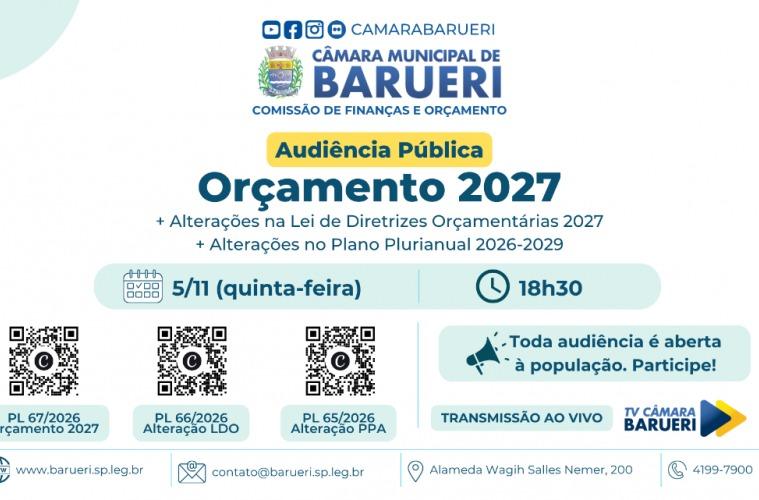 Comissão de Finanças convoca audiência pública para discutir orçamento de Barueri para 2027