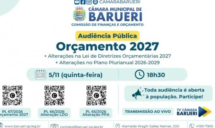Comissão de Finanças convoca audiência pública para discutir orçamento de Barueri para 2027